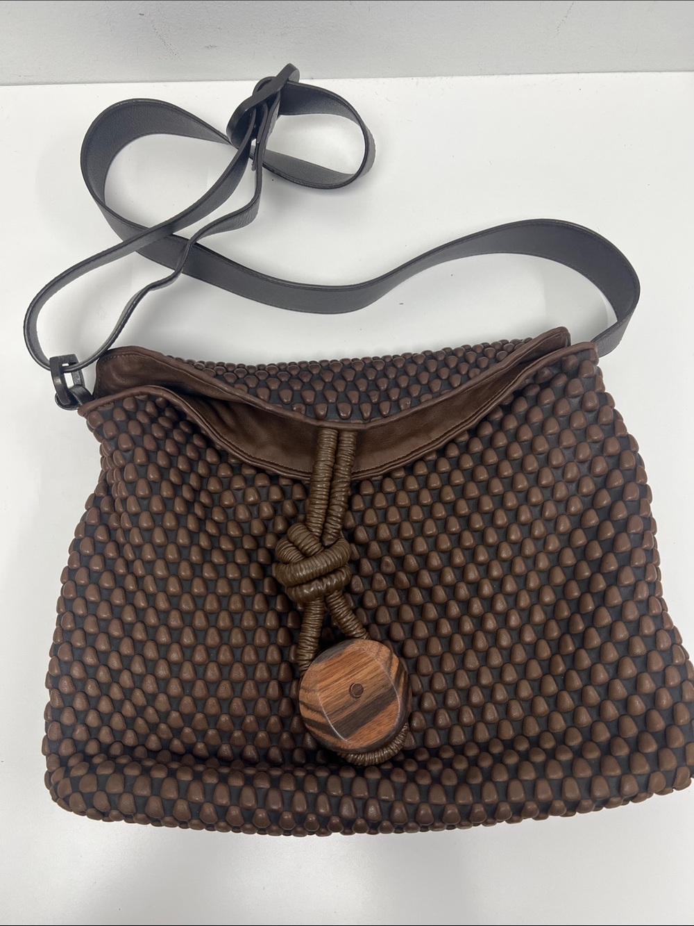 Woven Brown Leather Shoulder Bag with Wooden Toggle